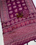 Whimsical Wine Crape Silk Ajrakh Printed Mirror Work Saree
