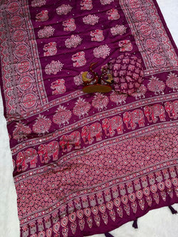 Whimsical Wine Crape Silk Ajrakh Printed Mirror Work Saree