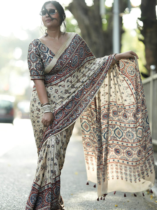 Surpassing Beige Crape Silk Ajrakh Printed Mirror Work Saree