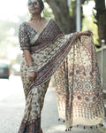 Surpassing Beige Crape Silk Ajrakh Printed Mirror Work Saree
