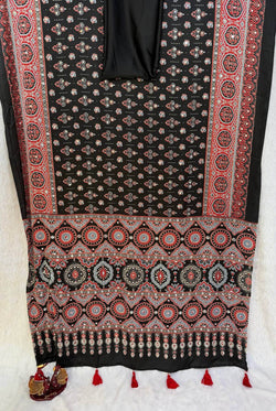 Magnetic Black Crape Silk Ajrakh Printed Mirror Work Saree
