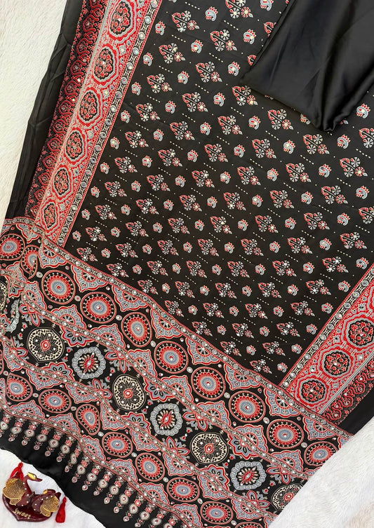Magnetic Black Crape Silk Ajrakh Printed Mirror Work Saree