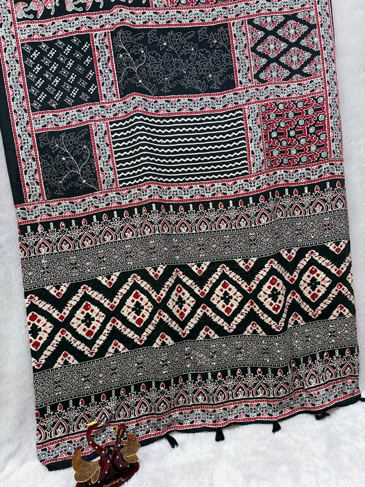 Splendorous Black Crape Silk Ajrakh Printed Mirror Work Saree