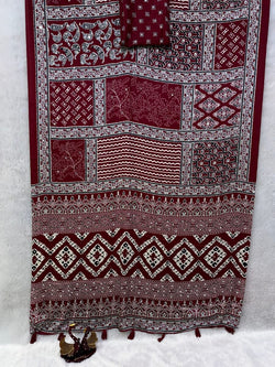 Deserving Maroon Crape Silk Ajrakh Printed Mirror Work Saree