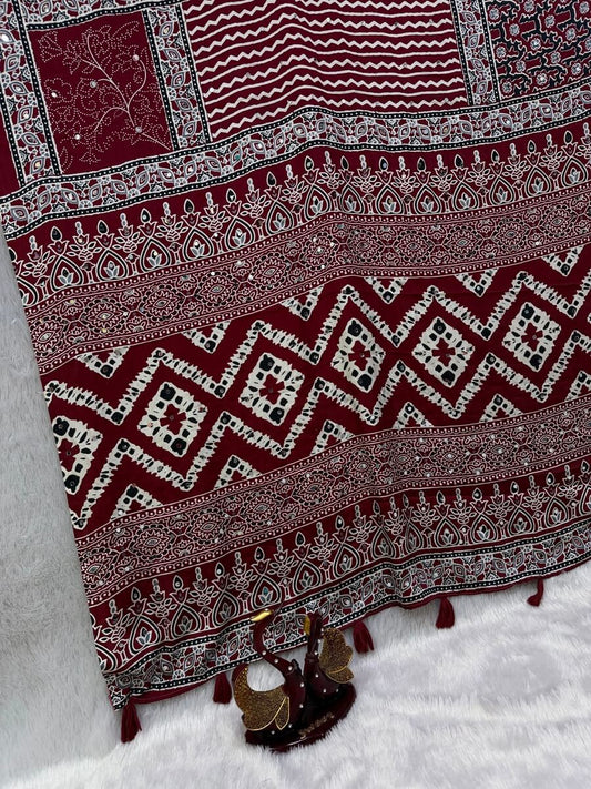 Deserving Maroon Crape Silk Ajrakh Printed Mirror Work Saree