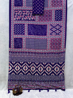 Seraphic Purple Crape Silk Ajrakh Printed Mirror Work Saree