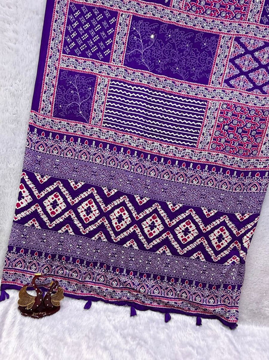 Seraphic Purple Crape Silk Ajrakh Printed Mirror Work Saree