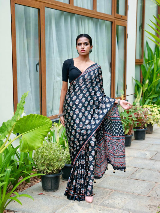 Sempiternal Black Crape Silk Ajrakh Printed Mirror Work Saree