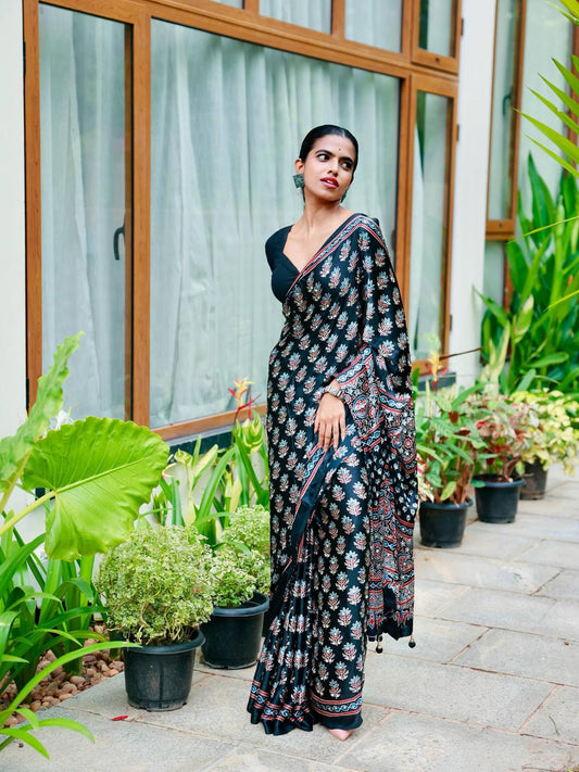 Sempiternal Black Crape Silk Ajrakh Printed Mirror Work Saree