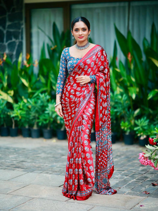 Ideal Dark Pink Crape Silk Ajrakh Printed Mirror Work Saree