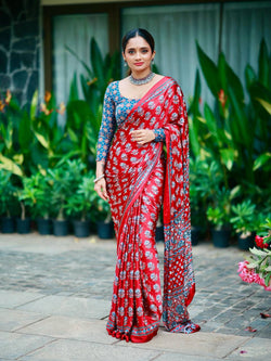 Ideal Dark Pink Crape Silk Ajrakh Printed Mirror Work Saree
