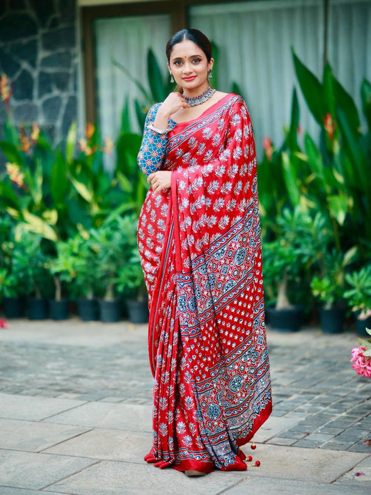 Ideal Dark Pink Crape Silk Ajrakh Printed Mirror Work Saree
