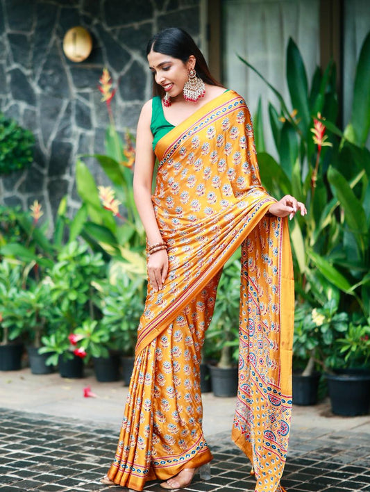 Chatoyant Mustard Crape Silk Ajrakh Printed Mirror Work Saree