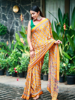 Chatoyant Mustard Crape Silk Ajrakh Printed Mirror Work Saree