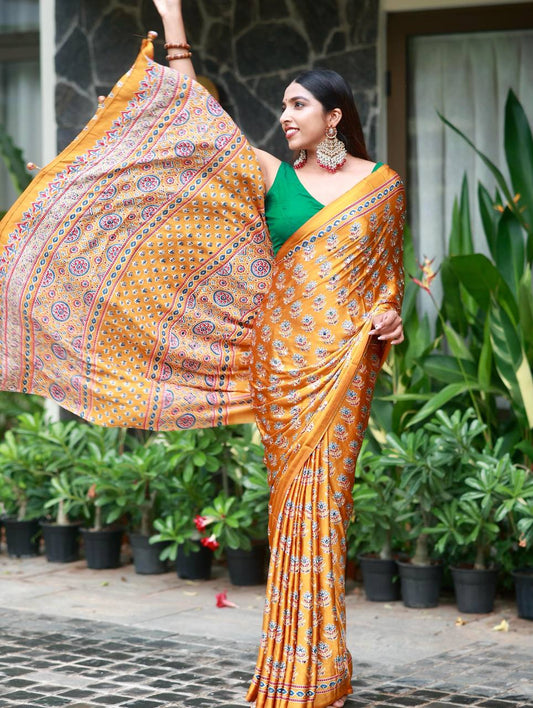 Chatoyant Mustard Crape Silk Ajrakh Printed Mirror Work Saree