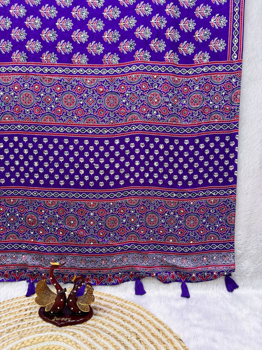 Jazzy Purple Crape Silk Ajrakh Printed Mirror Work Saree