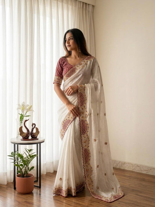 Enchanting Off White Fandy Silk Sequence Embroidery Work Saree