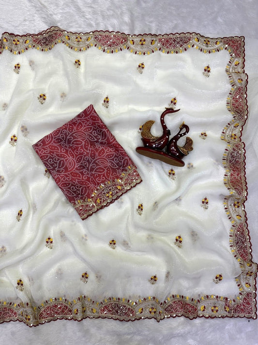 Enchanting Off White Fandy Silk Sequence Embroidery Work Saree