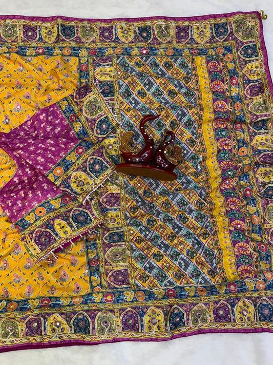 Exemplary Yellow Chinon Silk Printed Mirror Work Saree With Full Stitched Blouse