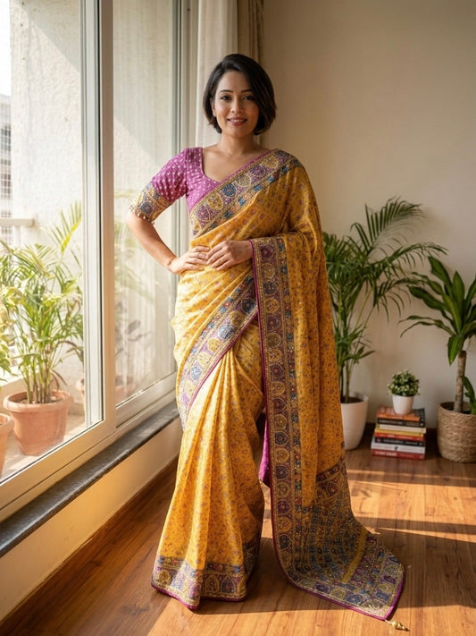 Exemplary Yellow Chinon Silk Printed Mirror Work Saree With Full Stitched Blouse
