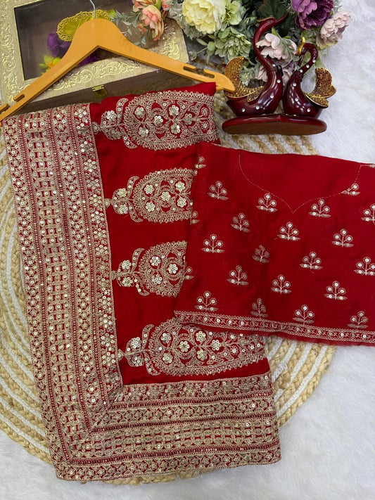 Magnificat Red Vichitra Silk Sequence Embroidery Work Saree