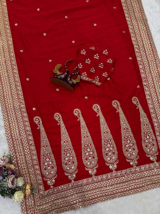Magnificat Red Vichitra Silk Sequence Embroidery Work Saree