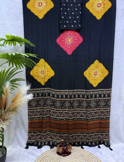 Mellifluous Black Crape Silk Ajrakh Printed Mirror Work Saree