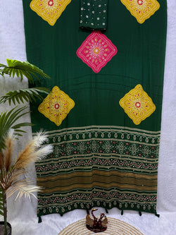 Hypnotic Dark Green Crape Silk Ajrakh Printed Mirror Work Saree