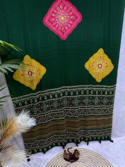 Hypnotic Dark Green Crape Silk Ajrakh Printed Mirror Work Saree