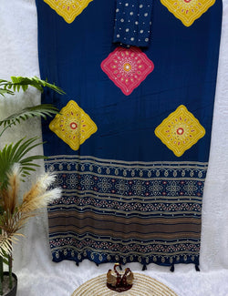 Majestic Navy Blue Crape Silk Ajrakh Printed Mirror Work Saree