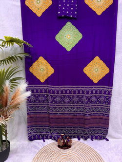 Blissful Purple Crape Silk Ajrakh Printed Mirror Work Saree