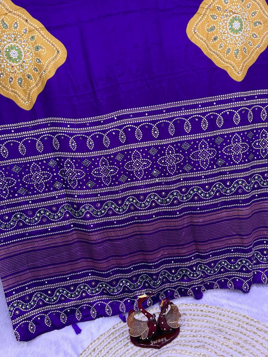 Blissful Purple Crape Silk Ajrakh Printed Mirror Work Saree