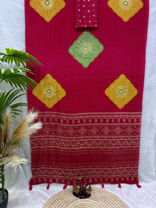 Stylish Red Crape Silk Ajrakh Printed Mirror Work Saree
