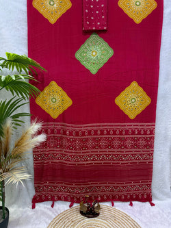 Stylish Red Crape Silk Ajrakh Printed Mirror Work Saree