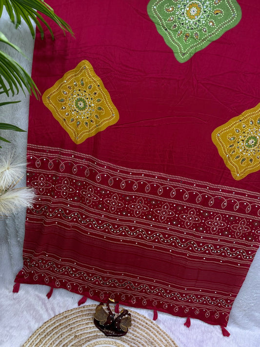 Stylish Red Crape Silk Ajrakh Printed Mirror Work Saree