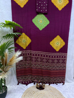 Scintillating Wine Crape Silk Ajrakh Printed Mirror Work Saree