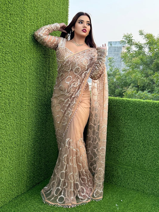 Surpassing Beige Twill Net Sequence Embroidery Work Saree