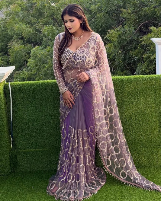 Fugacious Lavender Twill Net Sequence Embroidery Work Saree