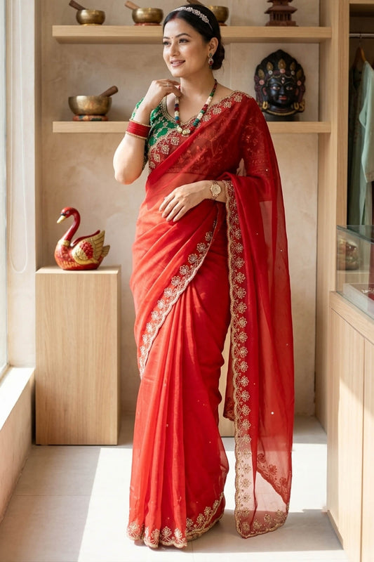 Flattering Red Georgette Silk Sequence Embroidery Work Saree