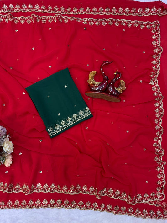 Flattering Red Georgette Silk Sequence Embroidery Work Saree