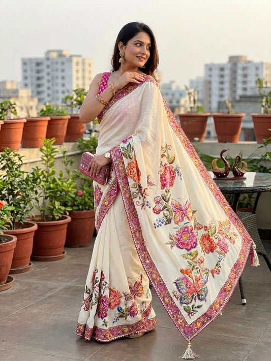 Pulsating Off White Chinon Silk Printed Mirror Work Saree With Full Stitched Blouse