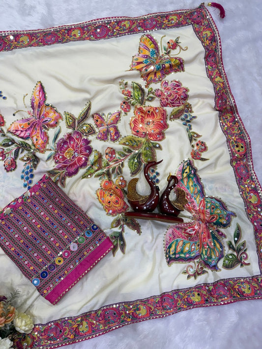 Pulsating Off White Chinon Silk Printed Mirror Work Saree With Full Stitched Blouse