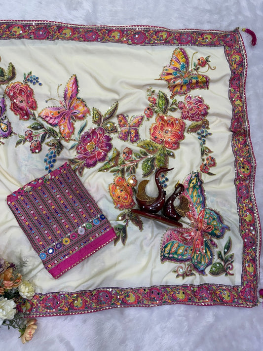 Pulsating Off White Chinon Silk Printed Mirror Work Saree With Full Stitched Blouse
