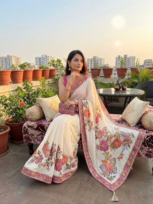 Pulsating Off White Chinon Silk Printed Mirror Work Saree With Full Stitched Blouse