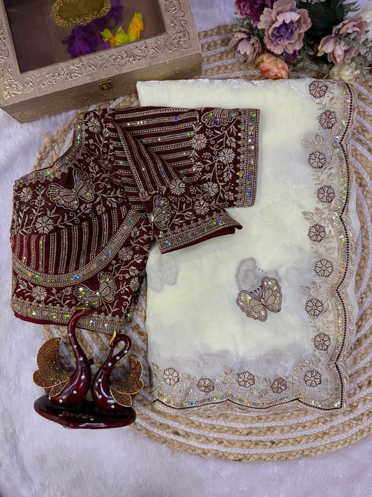 Skinny Beige Fandy Silk Embroidery Work Saree With Full Stitched Blouse