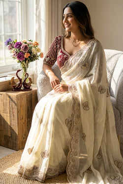 Skinny Beige Fandy Silk Embroidery Work Saree With Full Stitched Blouse