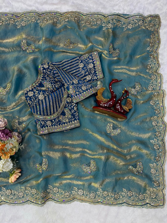 Glowing Firozi Fandy Silk Embroidery Work Saree With Full Stitched Blouse