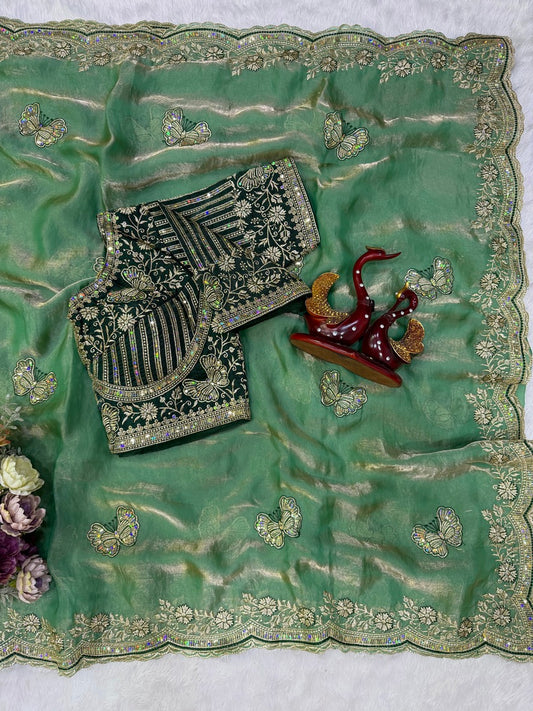 Stunning Green Fandy Silk Embroidery Work Saree With Full Stitched Blouse