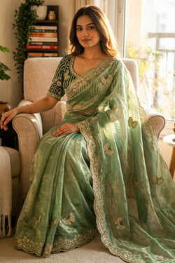 Stunning Green Fandy Silk Embroidery Work Saree With Full Stitched Blouse