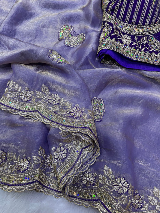Ineffable Lavender Fandy Silk Embroidery Work Saree With Full Stitched Blouse